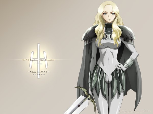 Anime picture 1600x1200 with claymore madhouse teresa tagme (artist) single long hair looking at viewer simple background blonde hair mole grey eyes wallpaper copyright name hand on hip mole under eye girl weapon sword armor cape