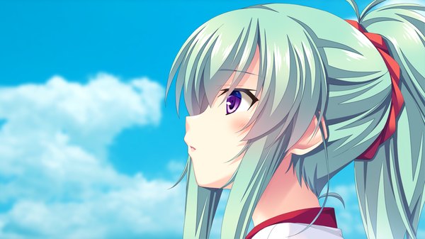Anime picture 1280x720 with kozukuri shiyou yo souma-kun long hair blush wide image purple eyes blue hair game cg sky cloud (clouds) ponytail profile girl