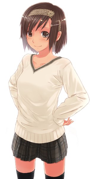 Anime picture 614x1200 with original ochau single tall image looking at viewer blush short hair smile brown hair white background black eyes girl thighhighs skirt black thighhighs hairband sweater