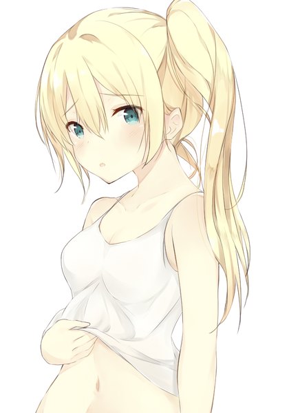 Anime picture 700x1000 with original seki (l0410706268) single long hair tall image looking at viewer blush fringe breasts blue eyes blonde hair simple background hair between eyes white background bare shoulders payot upper body parted lips bare belly :o