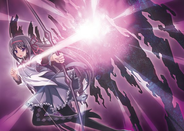 Anime picture 1050x750 with mahou shoujo madoka magica shaft (studio) akemi homura contact parade sal (artist) single long hair open mouth black hair purple eyes light girl ribbon (ribbons) hair ribbon bow (weapon)