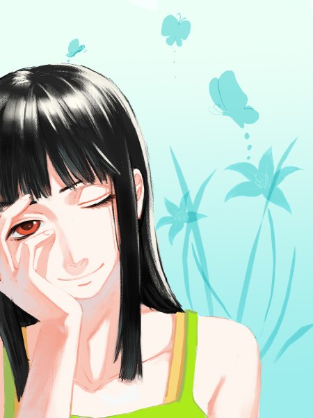 Anime picture 900x1200 with one piece toei animation nico robin totsukitouka single long hair tall image looking at viewer fringe black hair smile red eyes bare shoulders one eye closed wink hand on face girl flower (flowers) insect butterfly