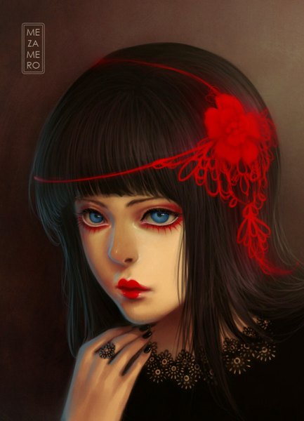 Anime picture 1032x1429 with original mezamero single long hair tall image fringe blue eyes simple background brown hair signed nail polish lips realistic inscription face eyeshadow red lipstick brown background gothic girl