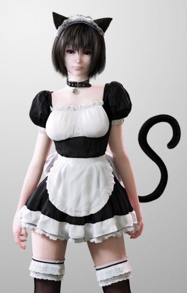 Anime picture 1600x2500 with original ikedan tall image short hair black hair animal ears lips black eyes cat ears realistic grey background maid cat tail 3d girl thighhighs black thighhighs hairband bell collar