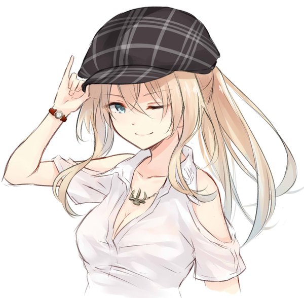 Anime picture 1541x1512 with kantai collection bismarck battleship azuuru single long hair looking at viewer fringe breasts simple background blonde hair smile hair between eyes white background bare shoulders cleavage upper body ponytail one eye closed aqua eyes wink