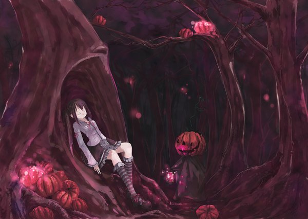 Anime picture 1275x906 with original shiba yuusuke long hair fringe black hair twintails payot bent knee (knees) eyes closed dark background halloween reclining sleeping scenic frilly skirt glow bare tree goth-loli girl skirt