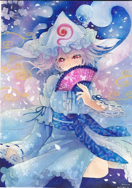 Anime picture 700x1000 with touhou saigyouji yuyuko mosho single tall image looking at viewer blush short hair sitting signed pink hair pink eyes traditional media watercolor (medium) girl petals insect butterfly moon bonnet