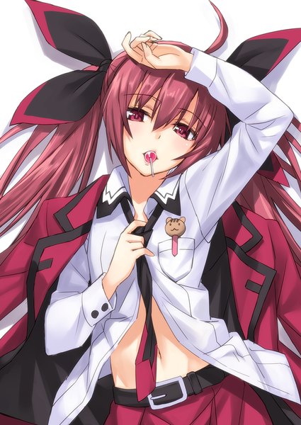 Anime picture 850x1200 with date a live itsuka kotori matsuryuu single long hair tall image looking at viewer red eyes twintails ahoge red hair lying on back hand on head partially open clothes adjusting necktie girl ribbon (ribbons) hair ribbon shirt