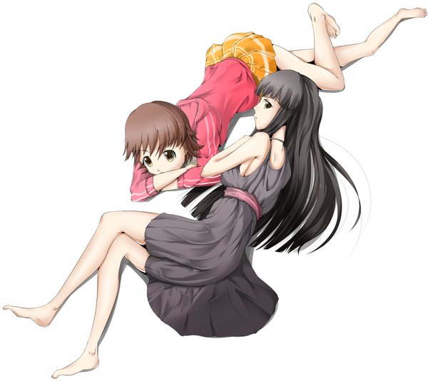 Anime picture 4040x3600 with solru (tyappygain) long hair highres short hair black hair simple background brown hair white background multiple girls brown eyes yellow eyes absurdres barefoot legs girl dress 2 girls