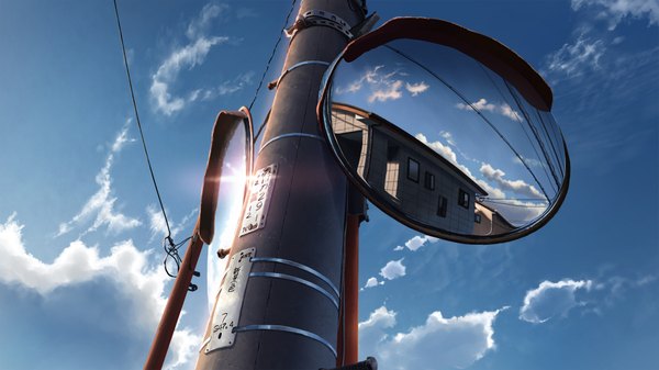 Anime picture 1920x1080 with original aratascape highres wide image sky cloud (clouds) sunlight reflection no people sunbeam building (buildings) sun power lines traffic mirror