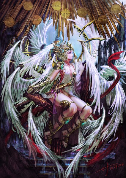 Anime picture 1343x1900 with edenfox single tall image blush short hair open mouth blue eyes blonde hair sitting looking away alternate costume angel wings girl gloves wings elbow gloves single glove stairs