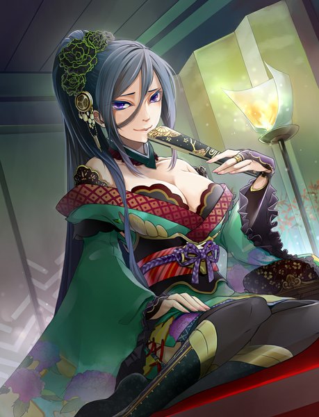 Anime picture 765x1000 with original xingye yukiko single long hair tall image looking at viewer light erotic black hair sitting purple eyes bare shoulders traditional clothes light smile girl fan