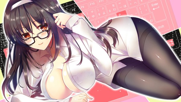 Anime picture 1920x1080 with saenai heroine no sodatekata a-1 pictures kasumigaoka utaha hanpen (hannpenn2) single long hair blush highres breasts light erotic black hair red eyes wide image large breasts cleavage light smile girl shirt pantyhose glasses