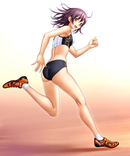 Anime picture 1941x2336 with original kuri (kurigohan) single tall image highres short hair open mouth black hair brown eyes midriff running girl uniform shoes gym uniform