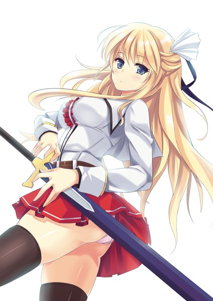 Anime picture 2480x3507 with zi se single long hair tall image highres blue eyes light erotic blonde hair white background pantyshot girl thighhighs skirt ribbon (ribbons) weapon black thighhighs hair ribbon miniskirt sword