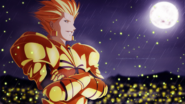 Anime picture 2000x1124 with fate (series) fate/zero type-moon gilgamesh (fate) ric9duran single highres short hair blonde hair smile wide image yellow eyes night sky coloring crossed arms rain boy earrings armor full moon