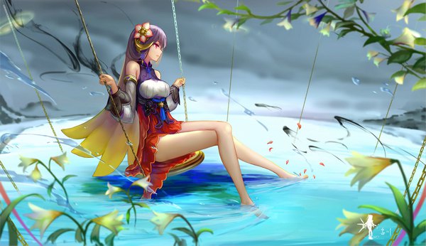 Anime picture 1920x1109 with original wangchuan de quanyan single long hair fringe highres wide image sitting bare shoulders looking away purple hair full body profile pink eyes bare legs crossed legs soaking feet girl hair ornament flower (flowers)