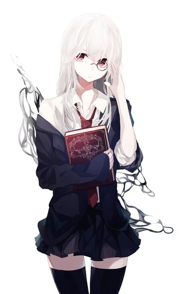 Anime picture 1853x3038 with original roa (ogami ren) ogami ren single long hair tall image looking at viewer fringe highres simple background hair between eyes red eyes standing white background absurdres white hair pleated skirt zettai ryouiki sleeves past wrists open collar