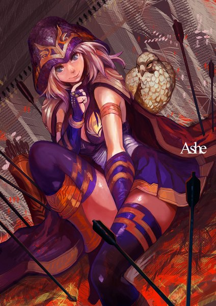 Anime picture 990x1400 with league of legends ashe (league of legends) canking single long hair tall image looking at viewer smile sitting cleavage grey hair black eyes zettai ryouiki girl thighhighs animal bird (birds) hood arrow (arrows) falcon