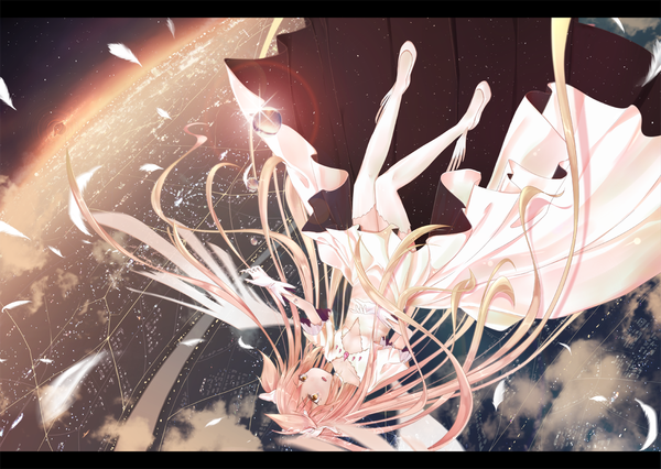 Anime picture 1407x1000 with mahou shoujo madoka magica shaft (studio) kaname madoka goddess madoka ahirun single long hair open mouth yellow eyes pink hair letterboxed flying girl thighhighs dress gloves white thighhighs wings feather (feathers)