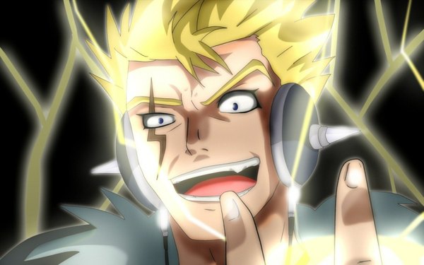 Anime picture 1440x900 with fairy tail laxus dreyar single short hair open mouth blue eyes blonde hair wide image scar lightning crazy smile boy headphones