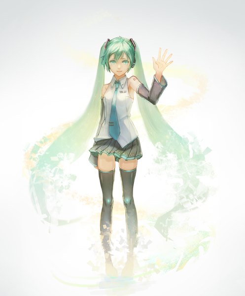 Anime picture 1500x1812 with vocaloid hatsune miku bryanth single tall image fringe standing very long hair parted lips pleated skirt multicolored hair wide sleeves tattoo gradient background gradient hair waving dissolving digital dissolve girl skirt