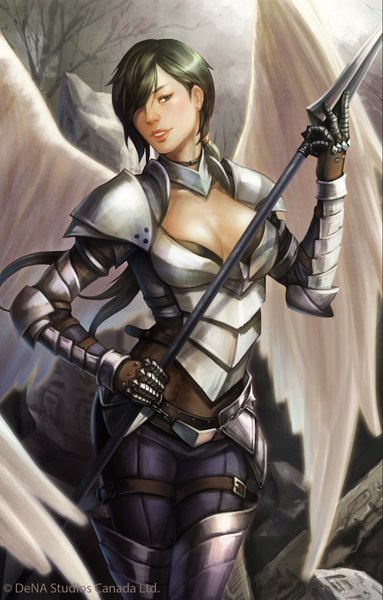 Anime picture 1440x2252 with the powerful: nyc (card game) hylara (the powerful: nyc) noa ikeda single long hair tall image fringe breasts black hair smile looking away lips black eyes hair over one eye angel wings girl gloves weapon plant (plants) wings