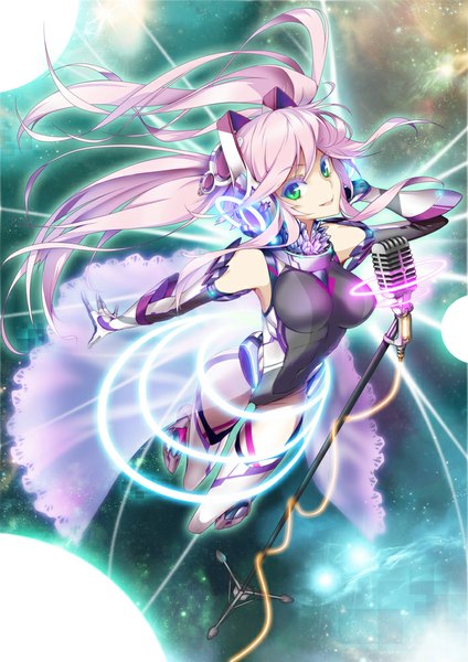 Anime picture 707x1000 with original hong (white spider) single long hair tall image looking at viewer fringe breasts light erotic smile large breasts green eyes pink hair girl gloves navel headphones bodysuit microphone stand