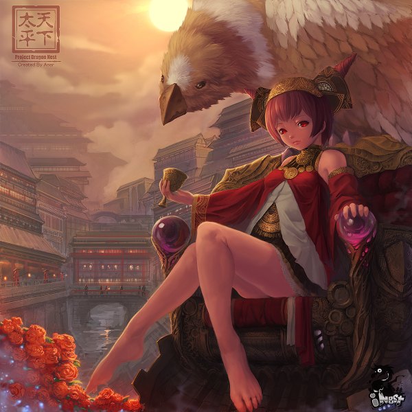 Anime picture 1200x1200 with aner (qqan00) short hair smile red eyes brown hair cloud (clouds) horn (horns) legs city chinese clothes river girl flower (flowers) sun eagle