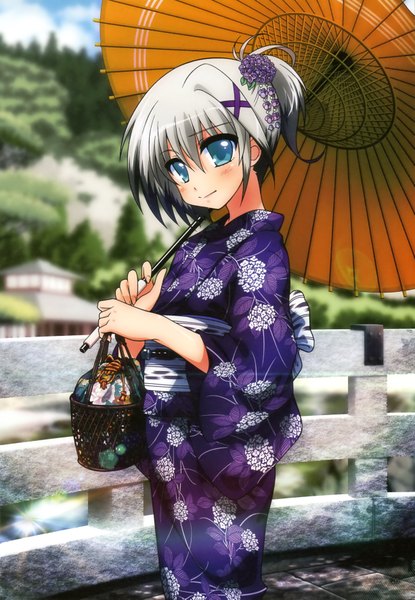 Anime picture 2450x3541 with mahou shoujo lyrical nanoha material-d tagme (artist) single tall image looking at viewer blush highres short hair blue eyes smile sky silver hair cloud (clouds) japanese clothes girl hair ornament flower (flowers) ribbon (ribbons) plant (plants)