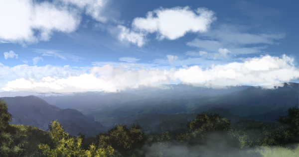 Anime picture 2048x1080 with original tsuruzen highres wide image sky cloud (clouds) mountain no people landscape plant (plants) tree (trees) forest