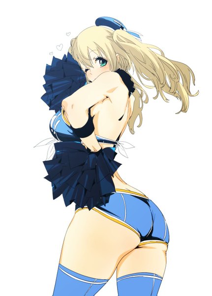 Anime picture 1024x1424 with kantai collection atago heavy cruiser goshiki suzu single long hair tall image blush blue eyes light erotic simple background blonde hair white background twintails ass one eye closed wink hand on hip alternate hairstyle cheerleader girl