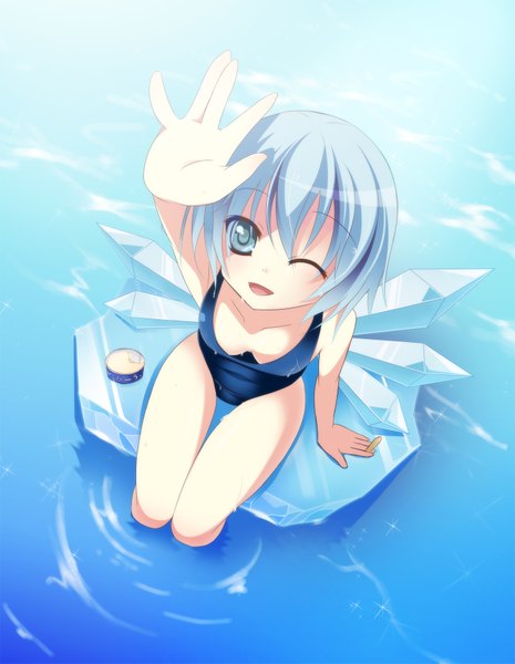 Anime picture 1397x1801 with touhou cirno chibi arisu single tall image short hair blue eyes light erotic sitting blue hair one eye closed from above wink outstretched arm soaking feet girl swimsuit wings water crystal