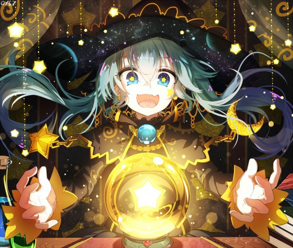 Anime picture 1250x1057 with vocaloid hatsune miku qys3 single long hair looking at viewer fringe open mouth blue eyes hair between eyes twintails upper body long sleeves very long hair aqua hair night sparkle night sky floating hair lens flare