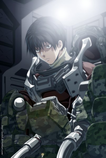 Anime picture 1345x2000 with all you need is kill kiriya keiji ioshik single tall image short hair black hair grey eyes coloring light mechanical boy armor