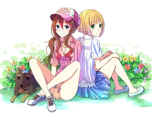 Anime picture 1400x1081 with original xia you qing suikakitsu shiro long hair looking at viewer blush short hair blue eyes blonde hair smile brown hair sitting multiple girls green eyes girl dress flower (flowers) 2 girls animal shoes