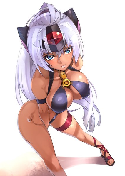 Anime picture 967x1366 with xenosaga monolith software t-elos hijiri akinaie single long hair tall image looking at viewer breasts blue eyes light erotic simple background large breasts white background bare shoulders silver hair from above dark skin covering crotch