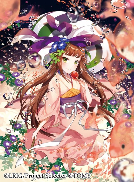 Anime picture 738x1000 with original yuzuki kihiro single long hair tall image looking at viewer blush brown hair yellow eyes traditional clothes japanese clothes hair flower girl hair ornament flower (flowers) animal food kimono bubble (bubbles) fruit