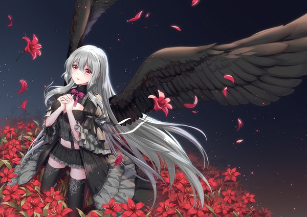 Anime picture 1414x1000 with original moyu single fringe breasts hair between eyes red eyes looking away cleavage very long hair parted lips grey hair zettai ryouiki kneeling dark background black wings girl thighhighs skirt flower (flowers)