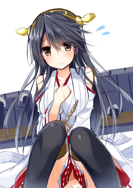 Anime picture 900x1273 with kantai collection haruna battleship kazu kakao single tall image looking at viewer blush fringe light erotic black hair simple background hair between eyes white background sitting bare shoulders brown eyes bent knee (knees) traditional clothes head tilt japanese clothes