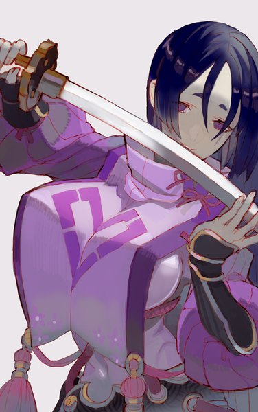 Anime picture 640x1020 with fate (series) fate/grand order minamoto no raikou (fate) kibadori rue single long hair tall image looking at viewer breasts light erotic black hair simple background purple eyes payot head tilt grey background huge breasts eyebrows girl weapon