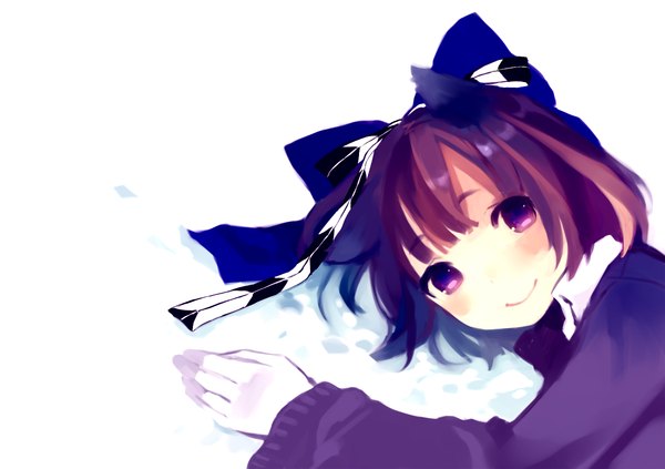 Anime picture 1200x847 with tan (tangent) blush short hair smile purple eyes animal ears purple hair loli bow