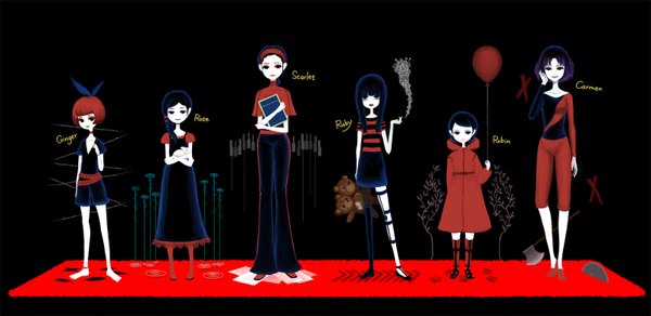 Anime picture 1600x780 with little red riding hood the path little red riding hood (character) carmen (the path) ginger (the path) robin (the path) rose (the path) scarlet (the path) nona drops short hair black hair wide image purple hair red hair smoke group pale skin spoilers bow hair bow