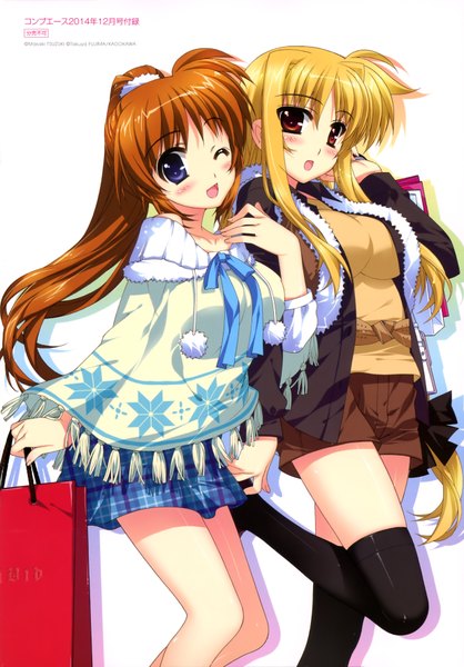 Anime picture 2472x3544 with mahou shoujo lyrical nanoha fate testarossa takamachi nanoha fujima takuya long hair tall image looking at viewer blush highres open mouth blue eyes blonde hair red eyes brown hair white background multiple girls one eye closed wink scan side ponytail