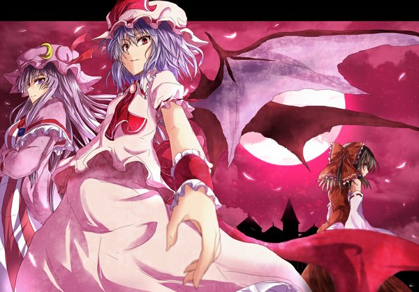 Anime picture 1036x724 with touhou hakurei reimu remilia scarlet patchouli knowledge ram hachimin long hair looking at viewer short hair red eyes brown hair purple eyes multiple girls sky purple hair traditional clothes looking back miko bat wings vampire red sky
