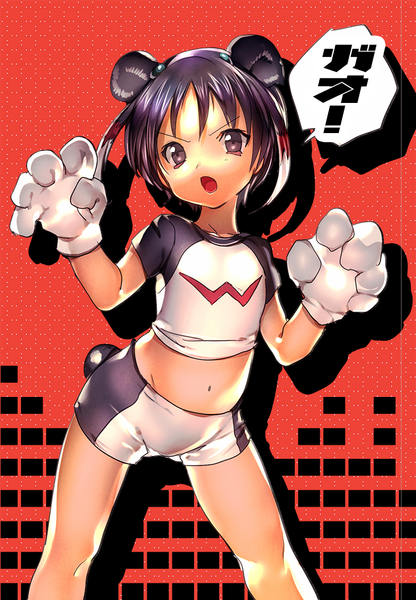 Anime picture 731x1055 with inazuma eleven inazuma eleven go shuu (inazuma eleven) konbu wakame single tall image looking at viewer short hair open mouth black hair animal ears tail animal tail black eyes red background boy gloves navel uniform white gloves