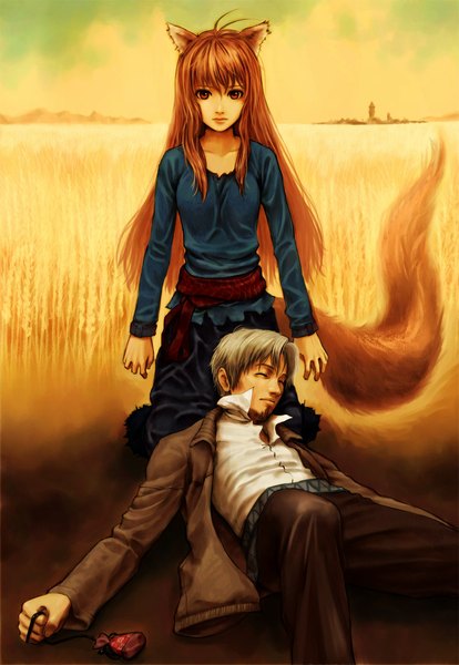 Anime picture 760x1100 with spice and wolf horo craft lawrence suiso (oxygen2) tall image short hair breasts brown hair standing brown eyes animal ears sky silver hair tail lying eyes closed animal tail lips horizon wolf ears