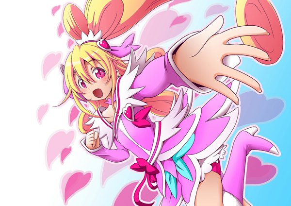 Anime picture 965x682 with precure dokidoki! precure toei animation aida mana cure heart mana12 single long hair looking at viewer blush open mouth blonde hair pink eyes outstretched arm girl