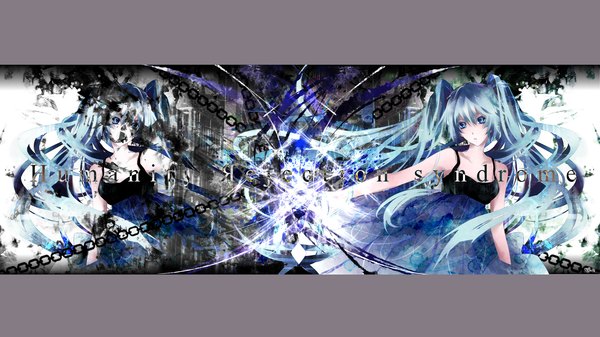 Anime picture 2000x1126 with vocaloid hatsune miku tyouya long hair highres blue eyes wide image twintails bare shoulders multiple girls aqua hair inscription dual persona girl dress 2 girls
