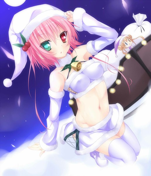 Anime picture 1000x1166 with original suterii single tall image blush short hair light erotic bare shoulders pink hair bent knee (knees) midriff fur trim heterochromia girl thighhighs navel detached sleeves miniskirt white thighhighs fur